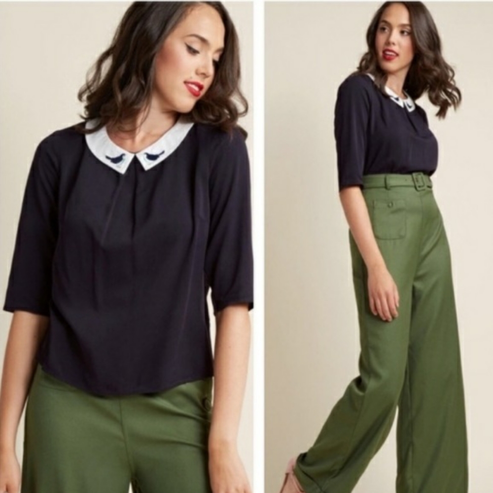 Modcloth Nala Birdie Top Navy Blue NWT